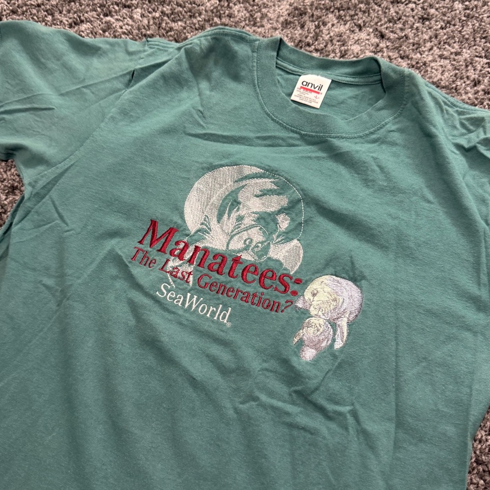 Vintage Anvil SeaWorld Manatees T-Shirt Mens Teal Excellent Embroidered Large